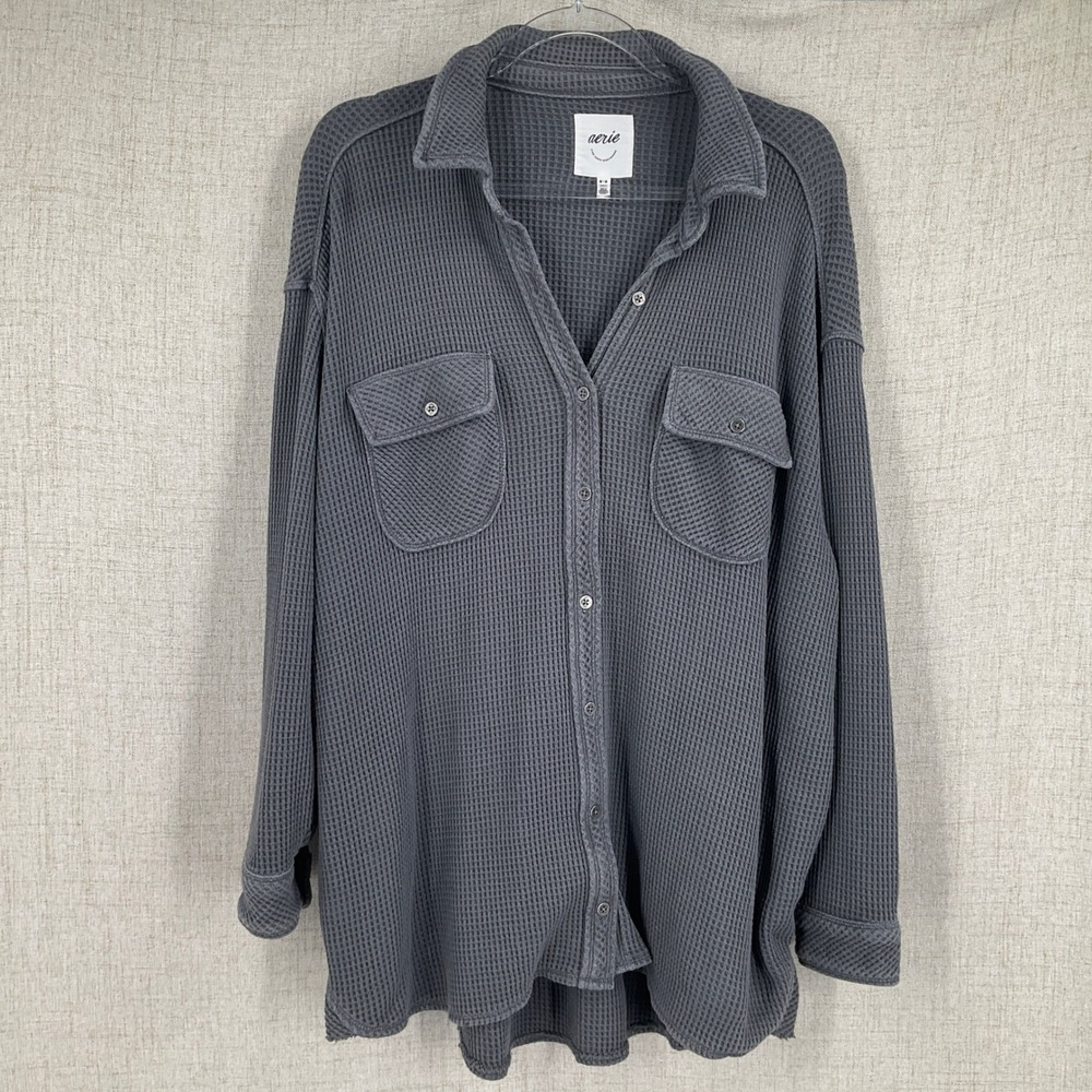 Aerie Waffle Knit Shirt Women Medium Gray Cotton Blend Oversized Thermal Shacket